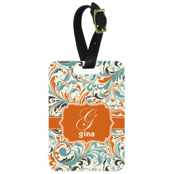 Orange & Blue Leafy Swirls Metal Luggage Tag w/ Name and Initial