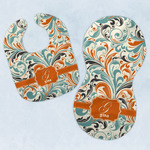 Orange & Blue Leafy Swirls Baby Bib & Burp Set w/ Name and Initial