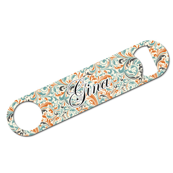 Custom Orange & Blue Leafy Swirls Bar Bottle Opener w/ Name and Initial