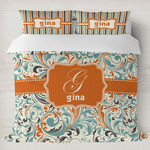 Orange & Blue Leafy Swirls Duvet Cover Set - King (Personalized)