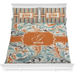 Orange & Blue Leafy Swirls Comforter Set - Full / Queen (Personalized)