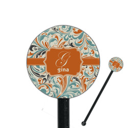 Orange & Blue Leafy Swirls 5.5" Round Plastic Stir Sticks - Black - Single Sided (Personalized)