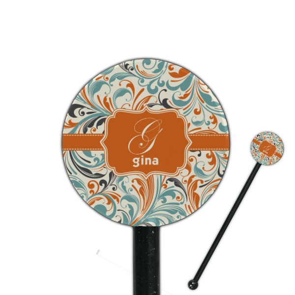 Custom Orange & Blue Leafy Swirls 5.5" Round Plastic Stir Sticks - Black - Double Sided (Personalized)