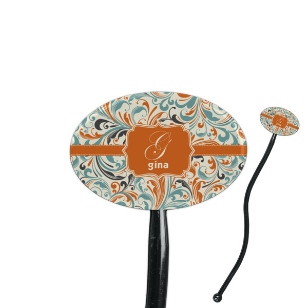 Custom Orange & Blue Leafy Swirls 7" Oval Plastic Stir Sticks - Black - Double Sided (Personalized)