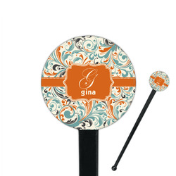 Orange & Blue Leafy Swirls 7" Round Plastic Stir Sticks - Black - Double Sided (Personalized)