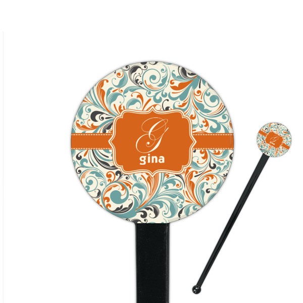 Custom Orange & Blue Leafy Swirls 7" Round Plastic Stir Sticks - Black - Single Sided (Personalized)