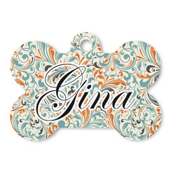 Orange & Blue Leafy Swirls Bone Shaped Dog ID Tag - Large (Personalized)