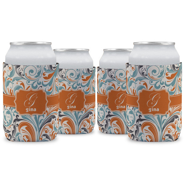 Custom Orange & Blue Leafy Swirls Can Cooler (12 oz) - Set of 4 w/ Name and Initial