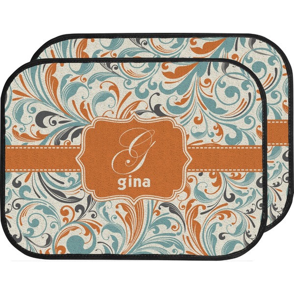 Custom Orange & Blue Leafy Swirls Car Floor Mats (Back Seat) (Personalized)