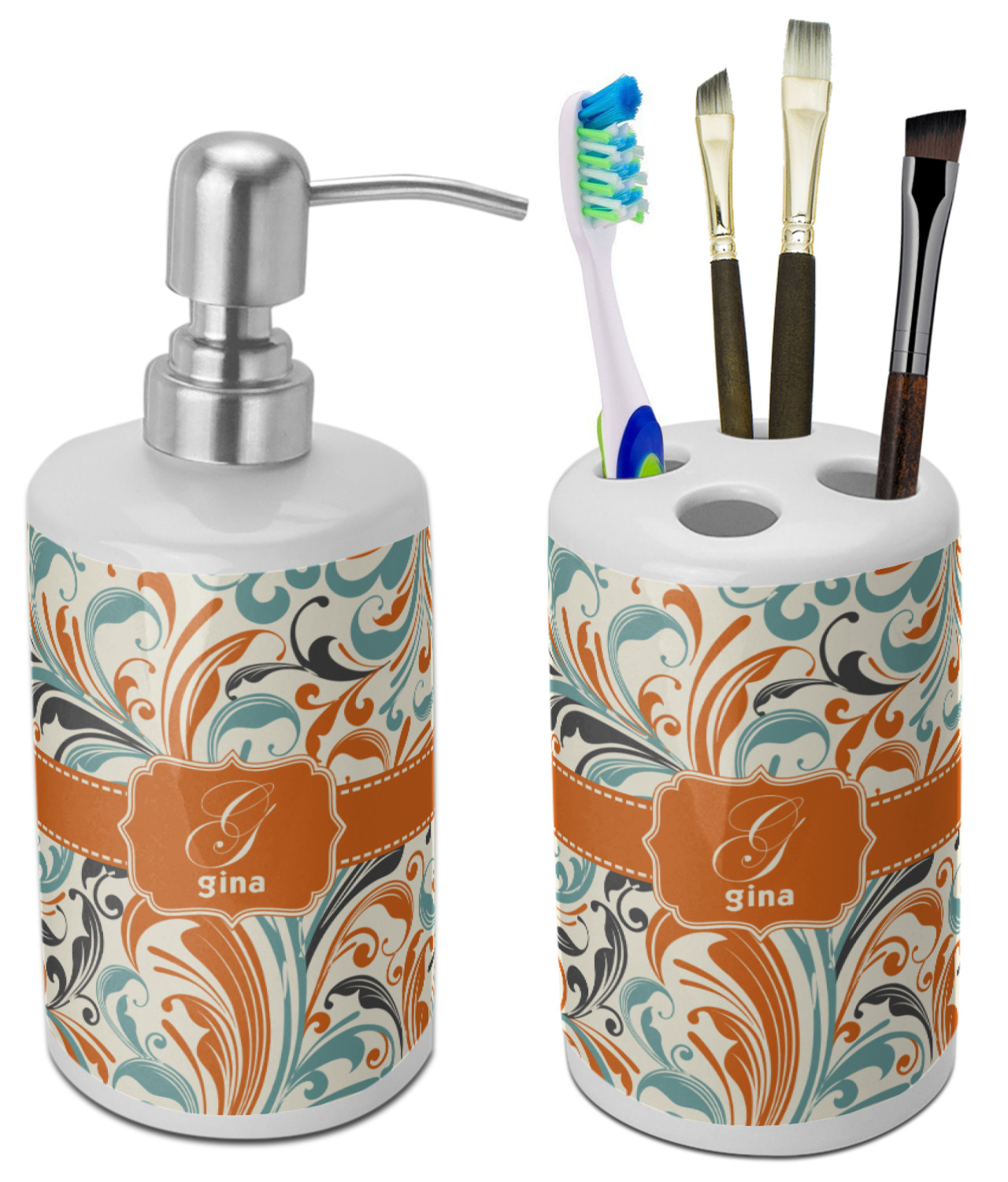 Orange Blue Leafy Swirls Bathroom Accessories Set Ceramic Personalized Youcustomizeit