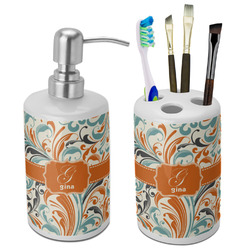 Orange & Blue Leafy Swirls Ceramic Bathroom Accessories Set (Personalized)