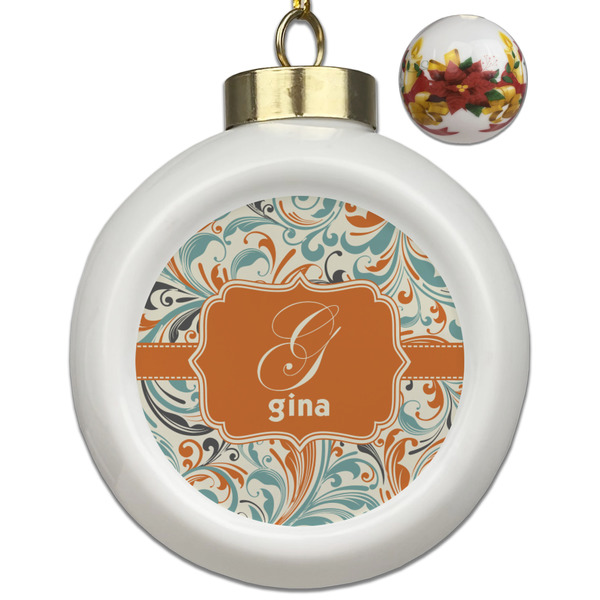 Custom Orange & Blue Leafy Swirls Ceramic Ball Ornaments - Poinsettia Garland (Personalized)