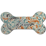 Orange & Blue Leafy Swirls Ceramic Dog Ornament - Front w/ Name and Initial