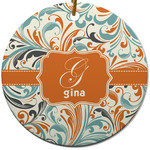 Orange & Blue Leafy Swirls Round Ceramic Ornament w/ Name and Initial