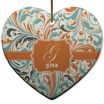 Orange & Blue Leafy Swirls Heart Ceramic Ornament w/ Name and Initial