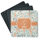 Orange & Blue Leafy Swirls Square Rubber Backed Coasters - Set of 4 (Personalized)