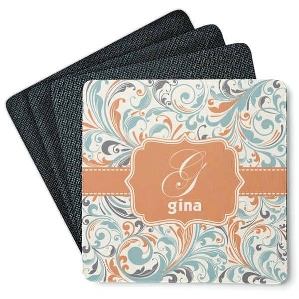 Custom Orange & Blue Leafy Swirls Square Rubber Backed Coasters - Set of 4 (Personalized)