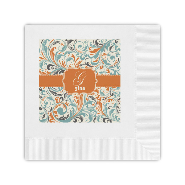 Custom Orange & Blue Leafy Swirls Coined Cocktail Napkins (Personalized)