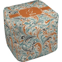 Orange & Blue Leafy Swirls Cube Pouf Ottoman - 13" (Personalized)