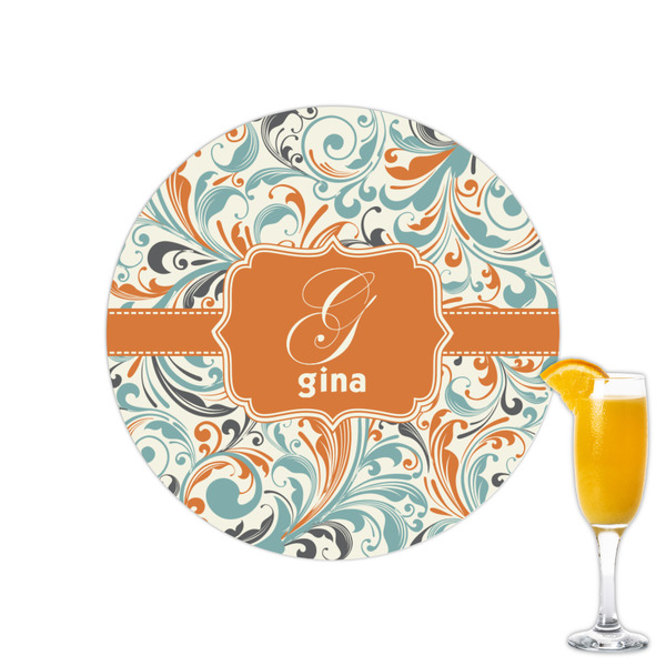 Custom Orange & Blue Leafy Swirls Printed Drink Topper - 2.15" (Personalized)