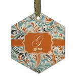 Orange & Blue Leafy Swirls Flat Glass Ornament - Hexagon w/ Name and Initial