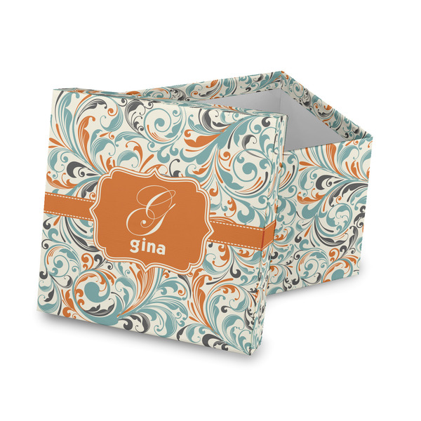 Custom Orange & Blue Leafy Swirls Gift Box with Lid - Canvas Wrapped (Personalized)