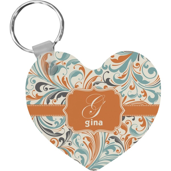 Custom Orange & Blue Leafy Swirls Heart Plastic Keychain w/ Name and Initial