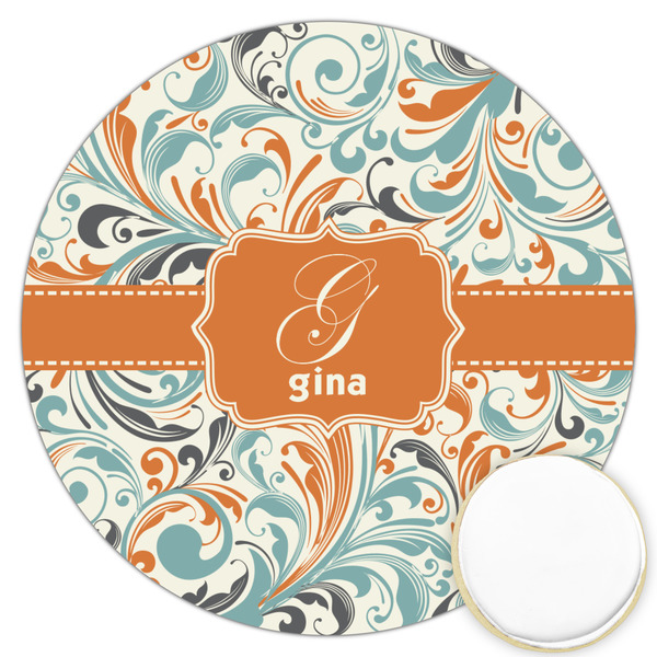 Custom Orange & Blue Leafy Swirls Printed Cookie Topper - 3.25" (Personalized)