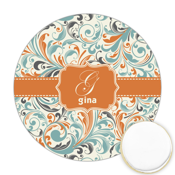 Custom Orange & Blue Leafy Swirls Printed Cookie Topper - Round (Personalized)