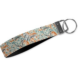 Orange & Blue Leafy Swirls Wristlet Webbing Keychain Fob (Personalized)