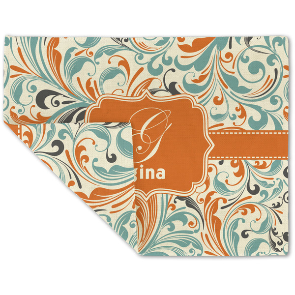 Custom Orange & Blue Leafy Swirls Double-Sided Linen Placemat - Single w/ Name and Initial