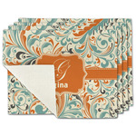 Orange & Blue Leafy Swirls Single-Sided Linen Placemat - Set of 4 w/ Name and Initial