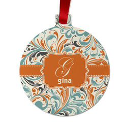 Orange & Blue Leafy Swirls Metal Ball Ornament - Double Sided w/ Name and Initial