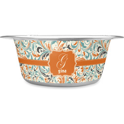 Orange & Blue Leafy Swirls Stainless Steel Dog Bowl (Personalized)