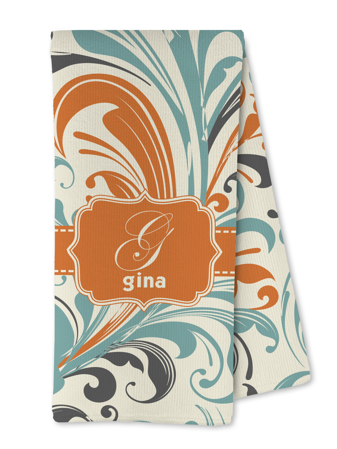 Custom Orange & Blue Leafy Swirls Kitchen Towel - Poly Cotton w