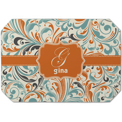 Orange & Blue Leafy Swirls Dining Table Mat - Octagon (Single-Sided) w/ Name and Initial