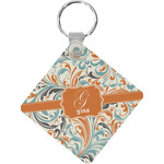 Orange & Blue Leafy Swirls Diamond Plastic Keychain w/ Name and Initial