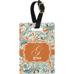 Orange & Blue Leafy Swirls Plastic Luggage Tag - Rectangular w/ Name and Initial