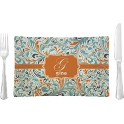 Orange & Blue Leafy Swirls Rectangular Glass Lunch / Dinner Plate - Single or Set (Personalized)