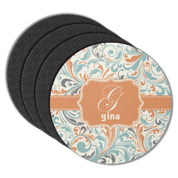 Orange & Blue Leafy Swirls Round Rubber Backed Coasters - Set of 4 (Personalized)
