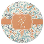 Orange & Blue Leafy Swirls Round Rubber Backed Coaster (Personalized)