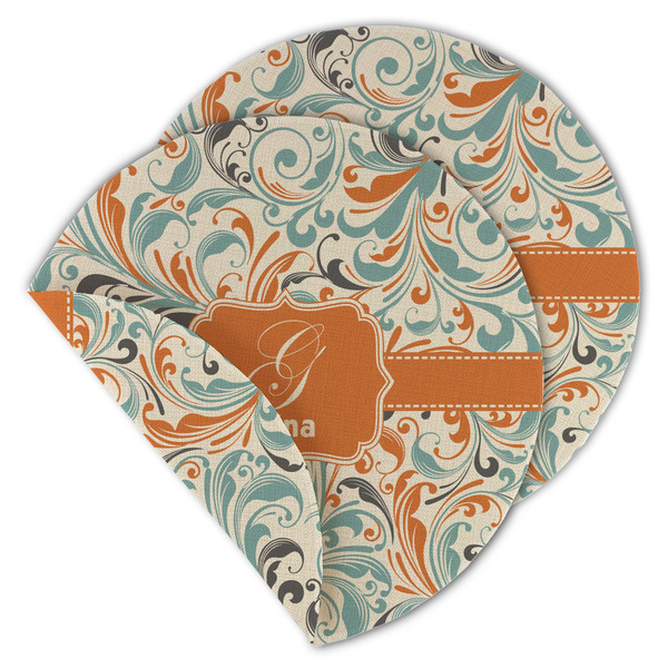 Custom Orange & Blue Leafy Swirls Round Linen Placemat - Double Sided (Personalized)