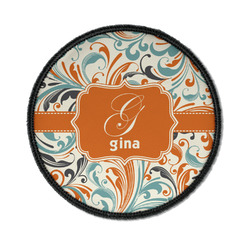 Orange & Blue Leafy Swirls Iron On Round Patch w/ Name and Initial