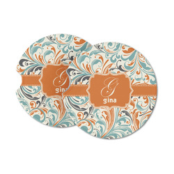 Orange & Blue Leafy Swirls Sandstone Car Coasters (Personalized)