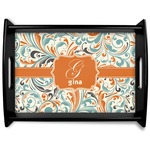 Orange & Blue Leafy Swirls Black Wooden Tray - Large (Personalized)