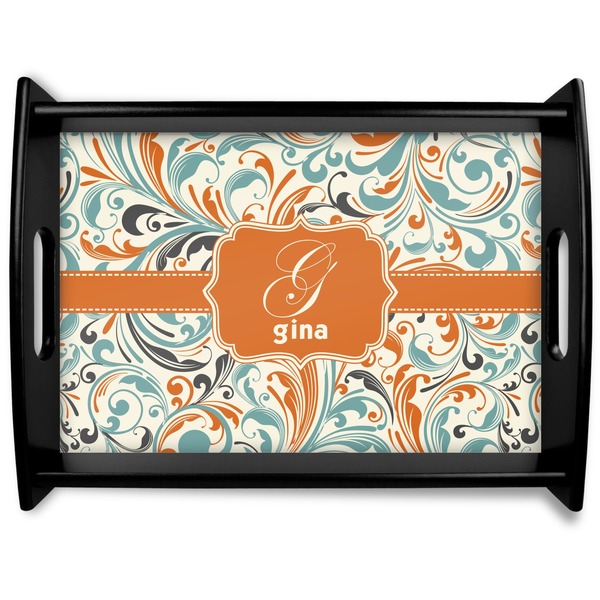 Custom Orange & Blue Leafy Swirls Black Wooden Tray - Large (Personalized)