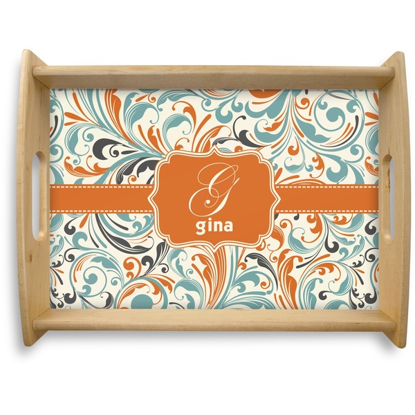 Custom Orange & Blue Leafy Swirls Natural Wooden Tray - Large (Personalized)