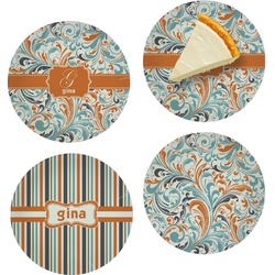 Orange & Blue Leafy Swirls Set of 4 Glass Appetizer / Dessert Plate 8" (Personalized)