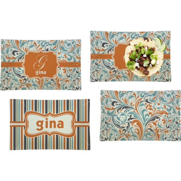 Custom Orange & Blue Leafy Swirls Set of 4 Glass Rectangular Lunch / Dinner Plate (Personalized)