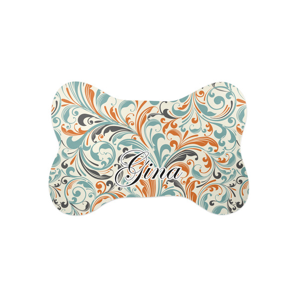 Custom Orange & Blue Leafy Swirls Bone Shaped Dog Food Mat (Small) (Personalized)